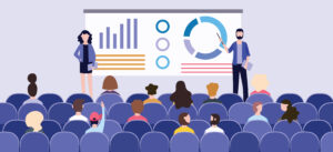 Clipart image of a business conference and presentation