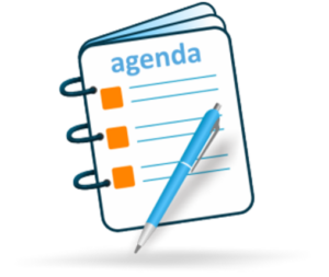 Clipart image of an agenda on a notebook with a pen in front of it