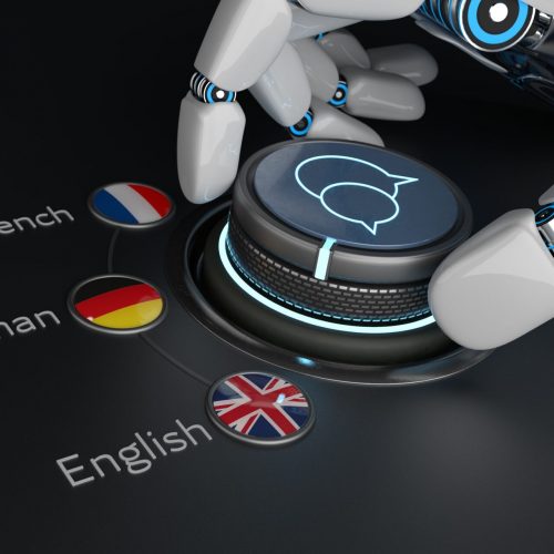 Concept of artificial intelligence in use as a translator,french to german to english. 3d illustration.